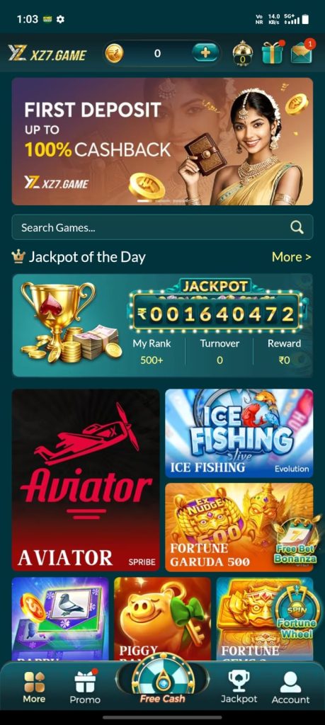 XZ7 Game home screen with jackpot games and gaming promotions